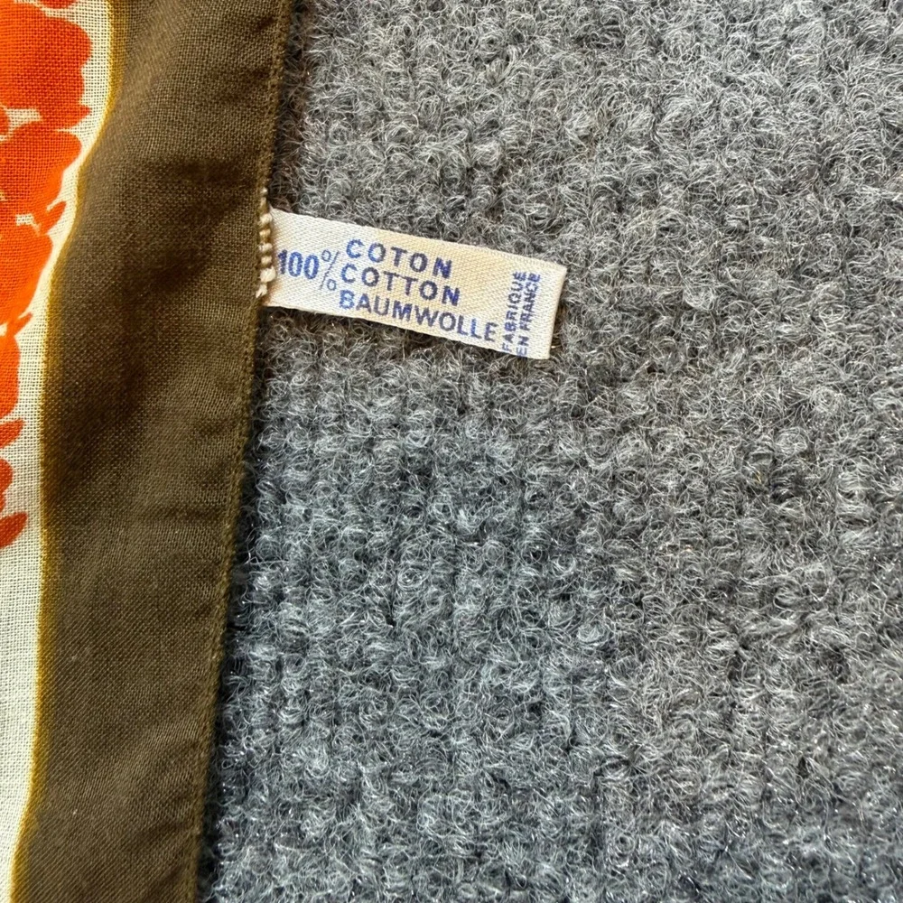 Vintage 70s Floral Geometric Cotton Scarf Made in France Brown Green Orange 21in